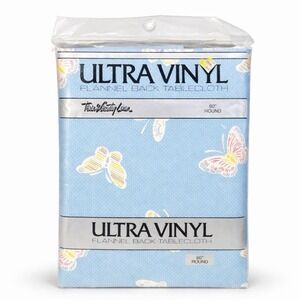 1983 Town & Country Vinyl 60" Round Tablecloth Blue Polka Dots Butterflies NIP